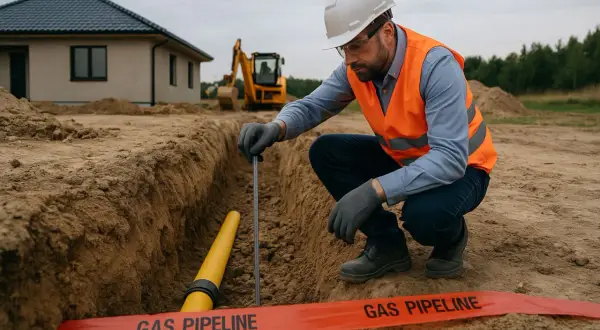 Budowlaniec mierzy na jakiej głębokości rura od gazu w wykopie, obok taśmy ostrzegawczej "GAS PIPELINE".
