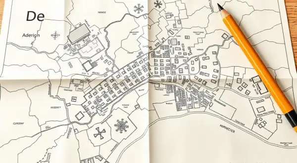 Mapa zasadnicza działki z zaznaczonymi budynkami, drogami i nazwami terenów. Widoczny fragment mapy z ołówkiem.