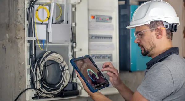 Technik w kasku i okularach ochronnych wykonuje przegląd instalacji elektrycznej, korzystając z tabletu z aplikacją diagnostyczną.