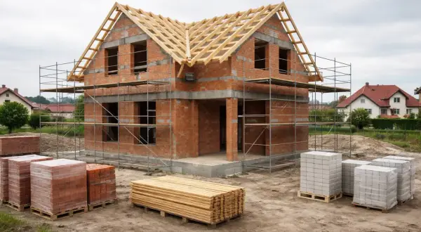 Budowa domu 220m2 w toku. Cegły, pustaki i drewno czekają na użycie.