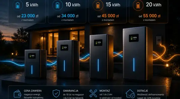 Cztery magazyny energii o różnej pojemności (5-20 kWh) z cenami i informacjami o gwarancji, montażu i dotacjach.