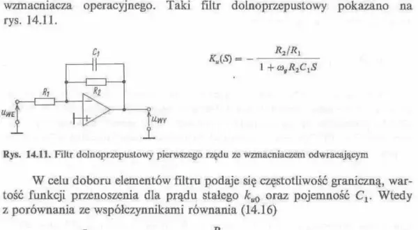 Schemat filtru dolnoprzepustowego z wzmacniaczem operacyjnym. Wzór na częstotliwość graniczną i funkcję przenoszenia.