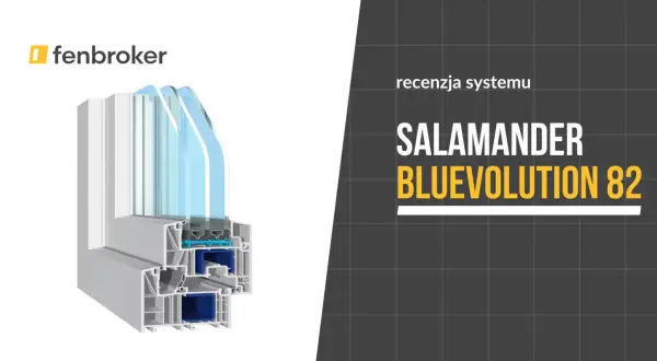 Przekrój okna Salamander Bluevolution 82, prezentujący jego wielokomorową konstrukcję i energooszczędne szyby.