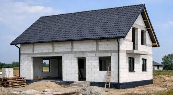 Dom w budowie, widoczne etapy budowy domu: ściany z bloczków, dach pokryty dachówką, otwory okienne i drzwiowe.