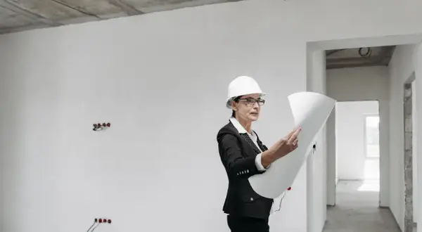 Kobieta w kasku i okularach analizuje plany budowy w niedokończonym wnętrzu.