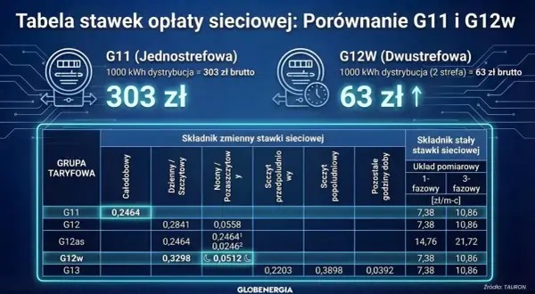 Porównanie taryfy G11 i G12w: G12w jest dwustrefowa, tańsza o 240 zł za 1000 kWh. Tabela pokazuje stawki.