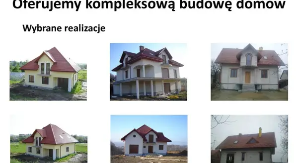 Sześć zdjęć domów w różnym stanie budowy, z logo "Expert House Nieruchomości".