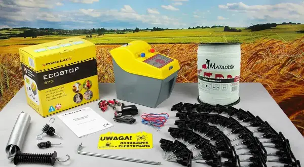 Zestaw do budowy elektrycznego płotu: elektryzator, taśma, izolatory i akcesoria. Idealny do zabezpieczenia pastwisk.