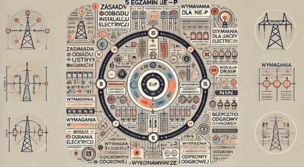 Schemat egzaminu na uprawnienia budowlane elektryczne. Diagram przedstawia zasady, wymagania i odpowiedzialność.