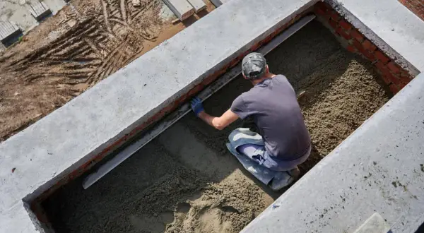 Budowlaniec wyrównuje świeży beton w wykopie. Widać ślady opon na błotnistym gruncie obok.