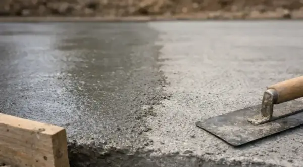 Świeżo wylany, mokry beton czeka na wykończenie. Narzędzia budowlane, jak kielnia i drewniany krawężnik, gotowe do pracy nad szybkim betonem.
