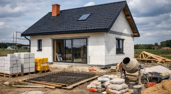Budowa domu w toku: beton, pustaki, cement i zbrojenie. Zastanawiasz się, ile kosztuje budowa domu?