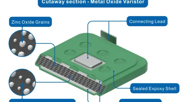 Przekrój warystora tlenku metalu: ziarna tlenku cynku, warstwa ceramiczna międzyziarnowa, elektroda metaliczna, obudowa epoksydowa, wyprowadzenie.
