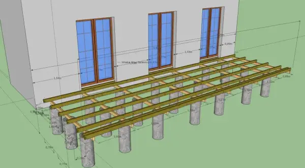 Projekt tarasu z widocznymi legarami podtrzymującymi konstrukcję. Wymiary elementów konstrukcyjnych są zaznaczone na rysunku.