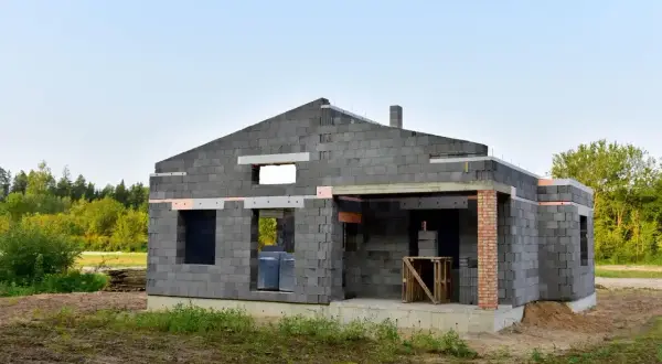 Budowa domu z keramzytu. Widoczne otwory okienne i drzwiowe, szary beton, zielone drzewa w tle.