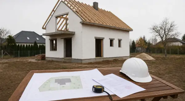 Plany i biały kask budowlany leżą na stole obok domu w budowie. Czy to dom bez pozwolenia?