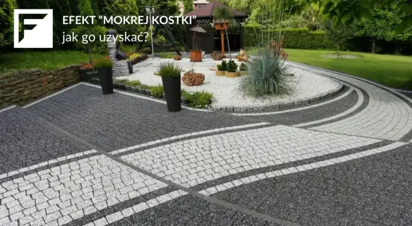 Nowoczesna ścieżka z kostki brukowej w odcieniach szarości i bieli, z elementami kamiennymi i zielenią.