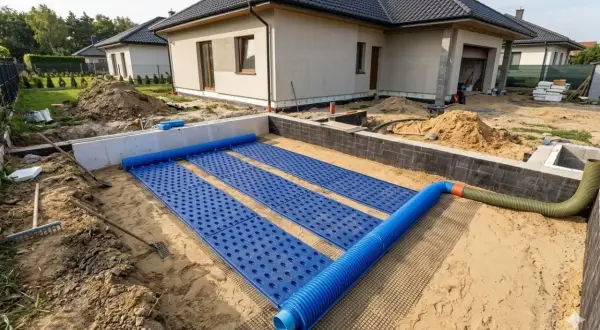 Budowa domu z fundamentami i instalacją gruntowego wymiennika ciepła. Niebieskie maty z otworami i rury tworzą system.