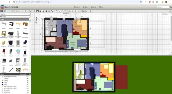 Program do projektowania wnętrz online Sweet Home 3D pozwala na tworzenie wizualizacji mieszkań, jak na tym przykładzie drugiego piętra.