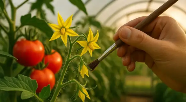 Ręka z pędzelkiem delikatnie dotyka kwiatów pomidora, naśladując naturalnego zapylacza.