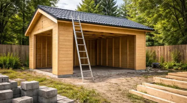 Drewniany garaż bez pozwolenia w budowie, z drabiną opartą o dach. Wokół materiały budowlane: betonowe pustaki i drewniane belki.