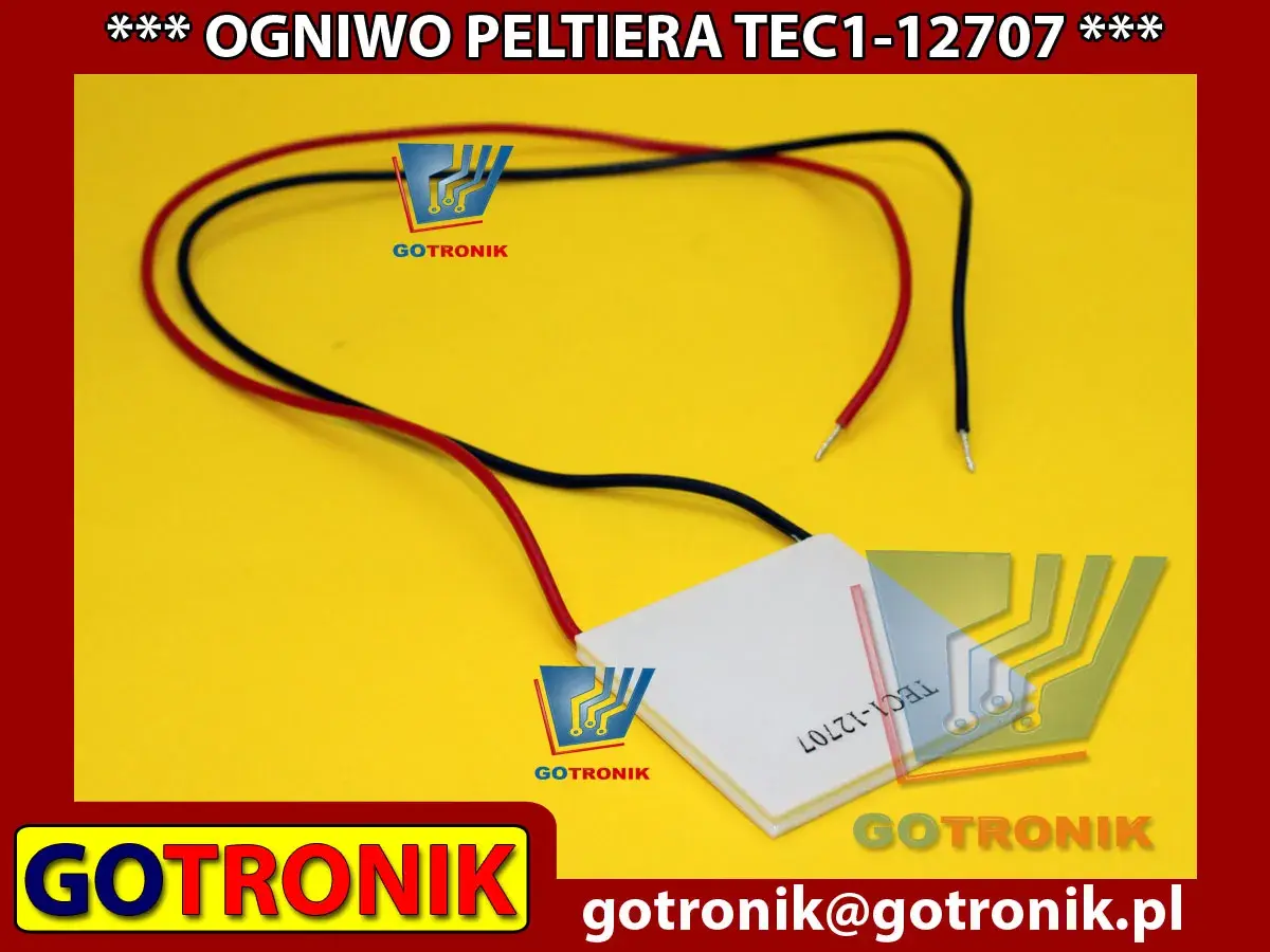 Moduł TEC1-12707, czyli ogniwo Peltiera, z czerwonym i czarnym przewodem, gotowe do pracy.