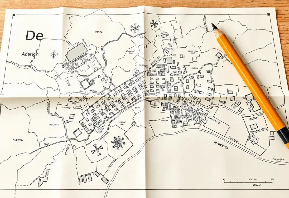 Mapa zasadnicza działki z zaznaczonymi budynkami, drogami i nazwami terenów. Widoczny fragment mapy z ołówkiem.