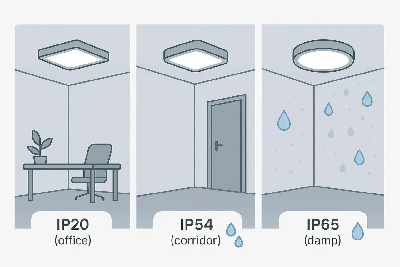 Trzy lampy sufitowe: IP20 w biurze, IP54 w korytarzu, IP65 w wilgotnym pomieszczeniu.
