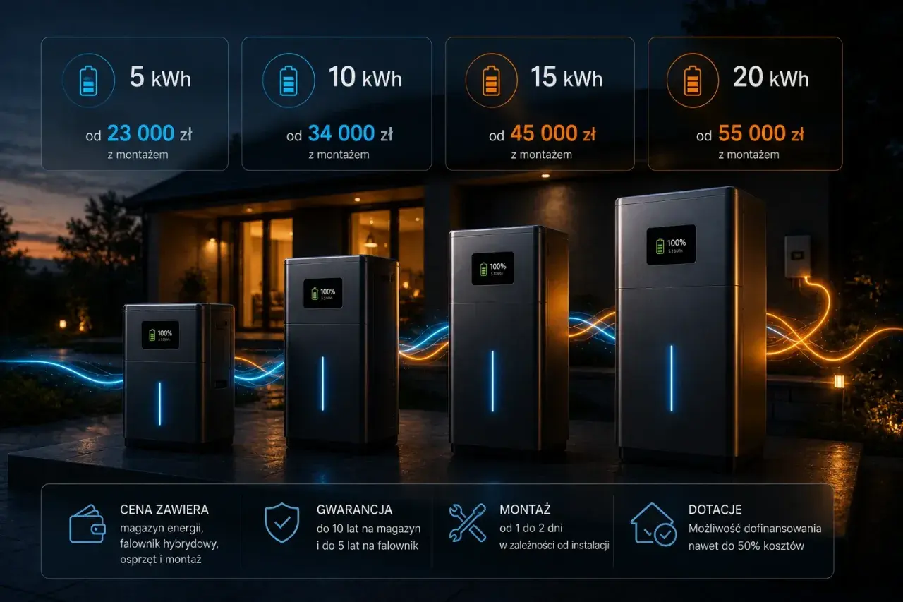 Cztery magazyny energii o różnej pojemności (5-20 kWh) z cenami i informacjami o gwarancji, montażu i dotacjach.