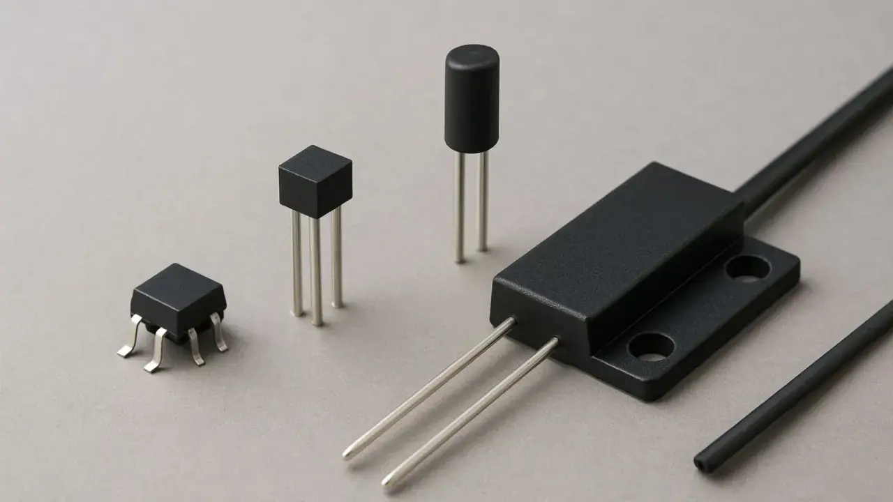 Różne rodzaje czujników magnetycznych: miniaturowe obudowy z wyprowadzeniami, cylindryczny element oraz większy moduł z dwoma bolcami, przypominające działaniem kontaktron.