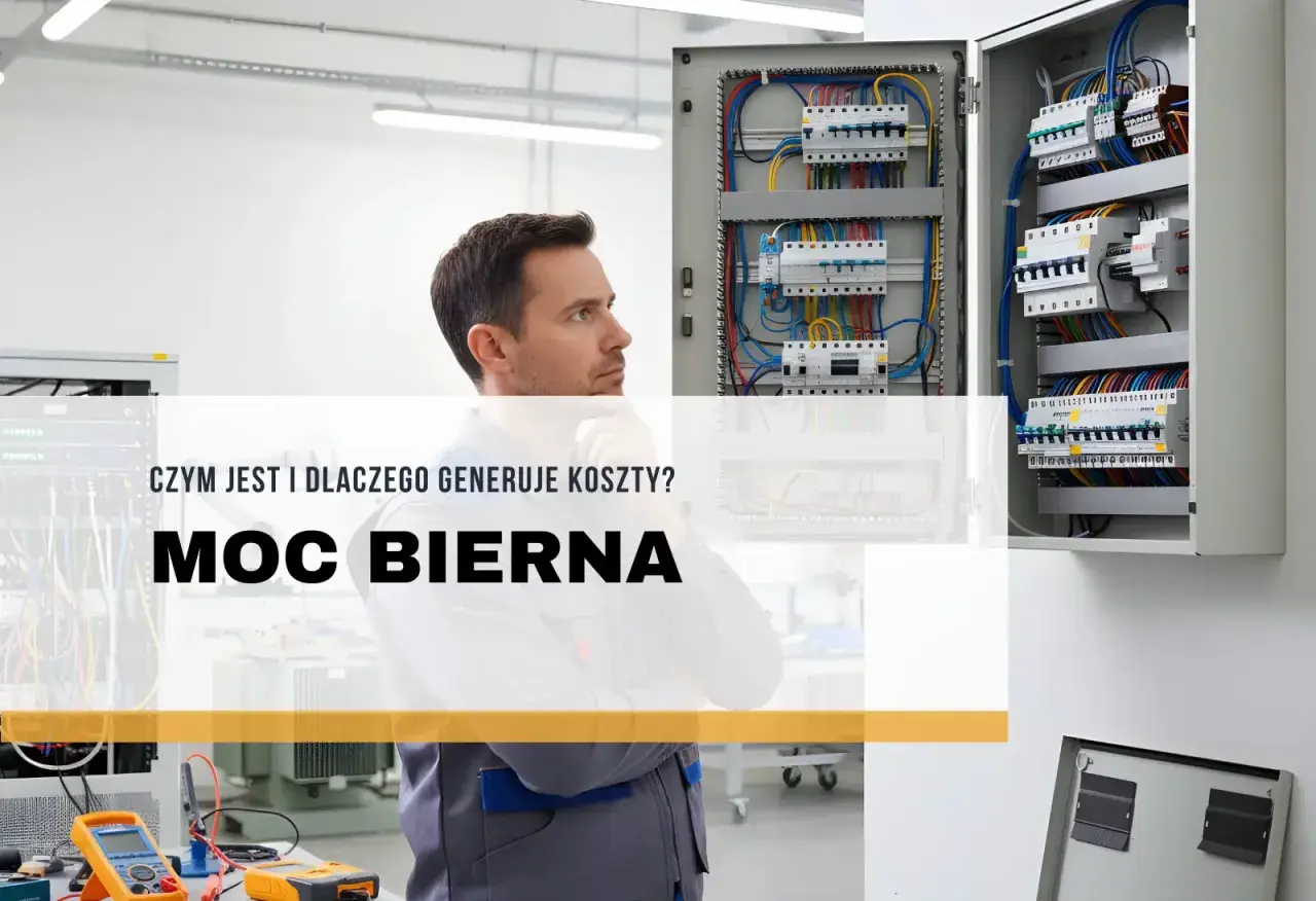 Elektryk zastanawia się nad zagadnieniem mocy biernej, która generuje koszty. Widoczne rozdzielnice elektryczne.