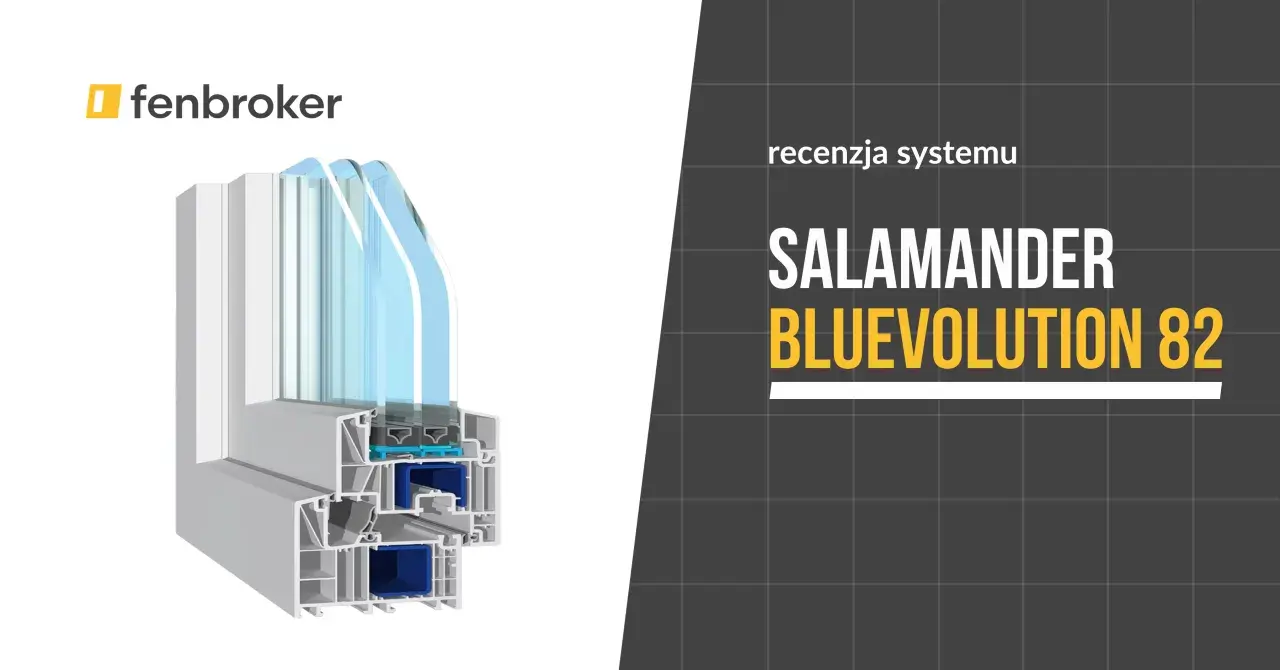 Przekrój okna Salamander Bluevolution 82, prezentujący jego wielokomorową konstrukcję i energooszczędne szyby.