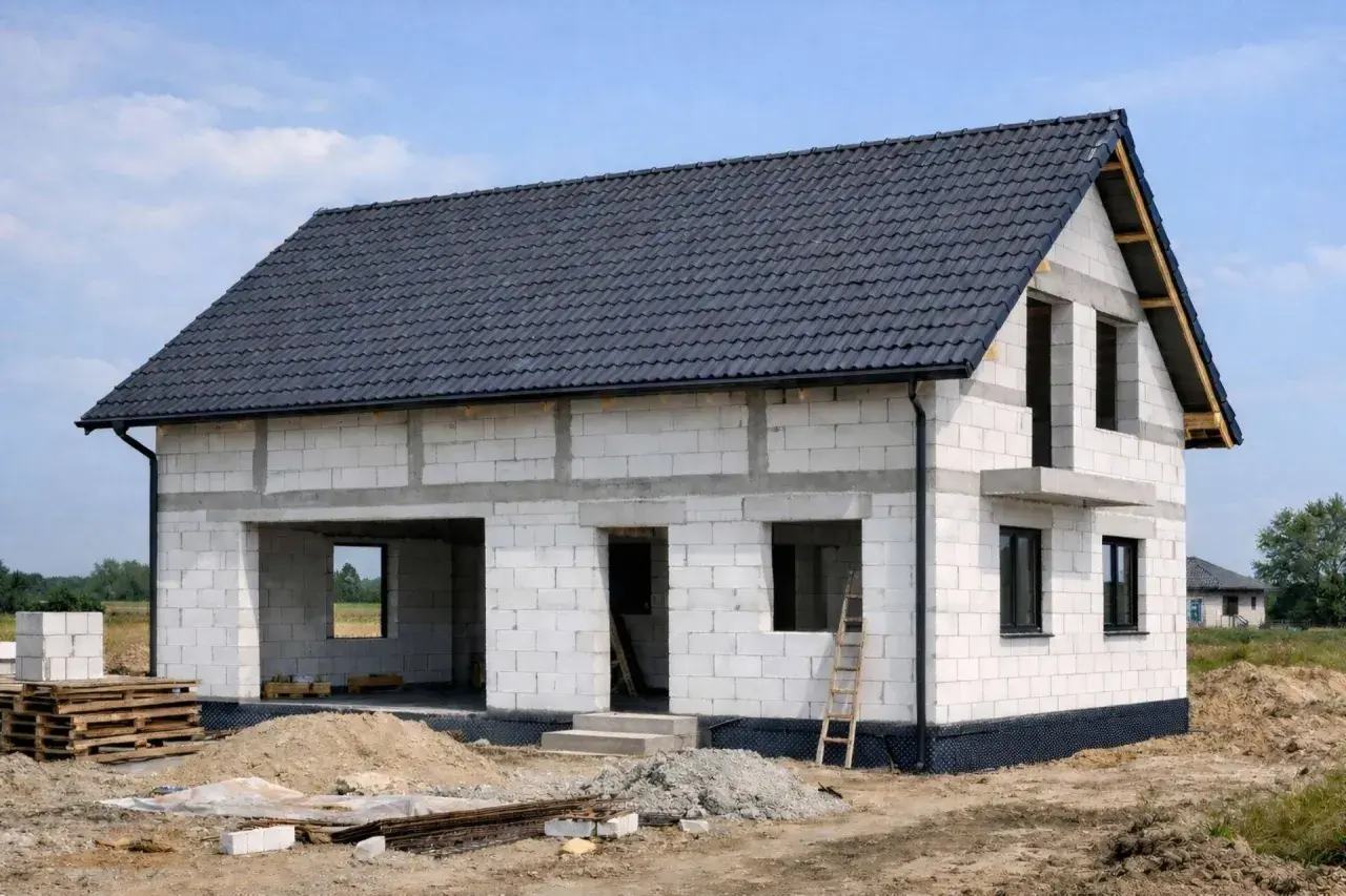 Dom w budowie, widoczne etapy budowy domu: ściany z bloczków, dach pokryty dachówką, otwory okienne i drzwiowe.