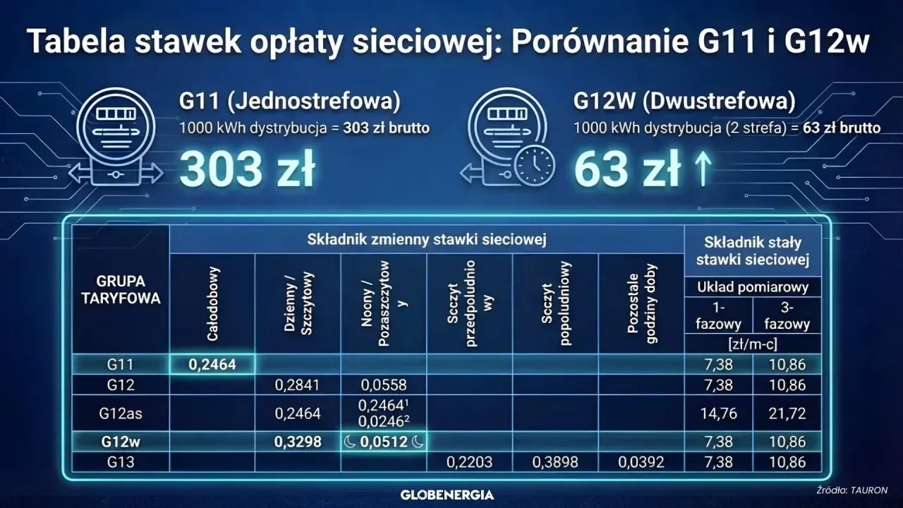Porównanie taryfy G11 i G12w: G12w jest dwustrefowa, tańsza o 240 zł za 1000 kWh. Tabela pokazuje stawki.