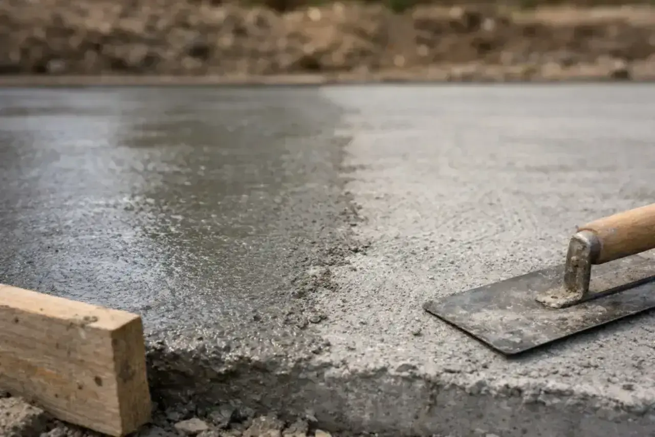 Świeżo wylany, mokry beton czeka na wykończenie. Narzędzia budowlane, jak kielnia i drewniany krawężnik, gotowe do pracy nad szybkim betonem.
