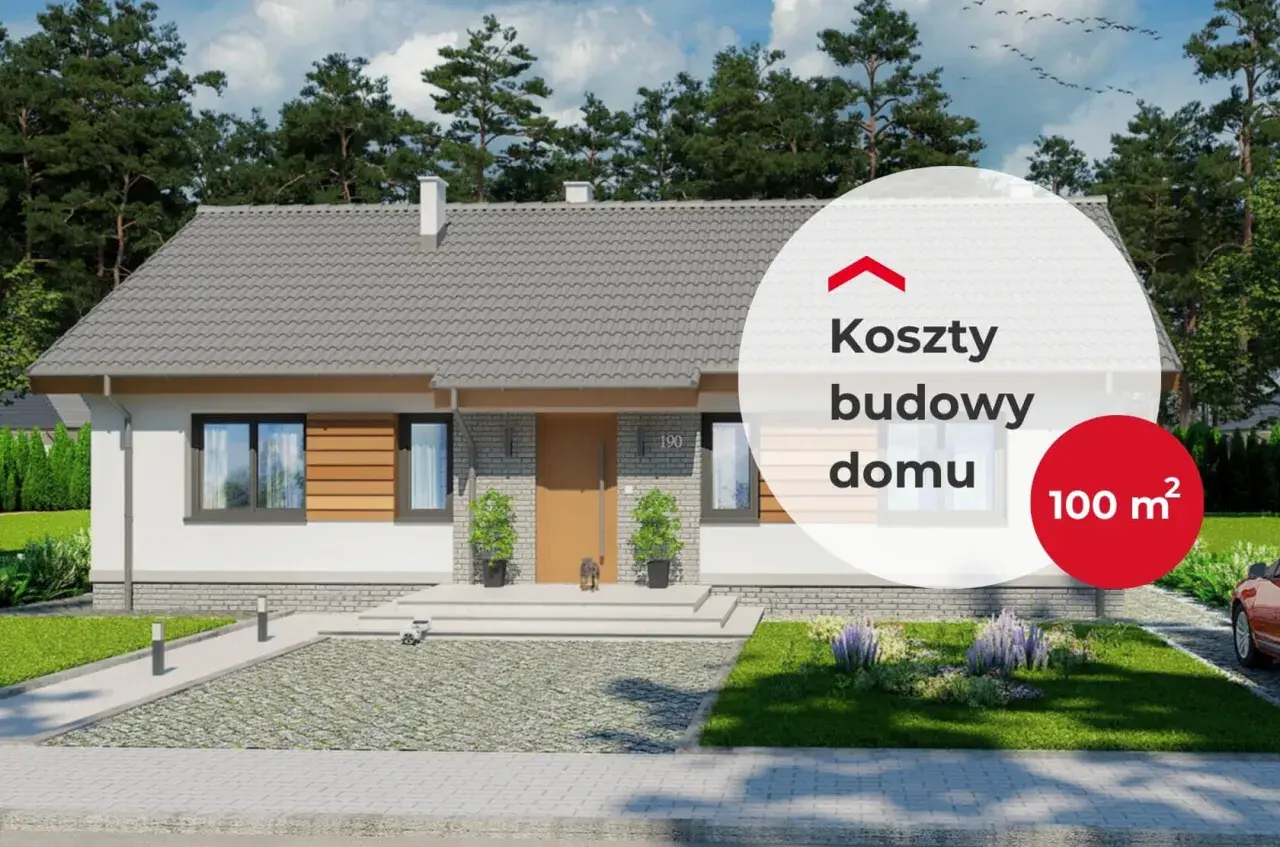 Nowoczesny dom jednorodzinny z podjazdem i ogrodem. Okrągła grafika informuje o kosztach budowy domu 100 m².