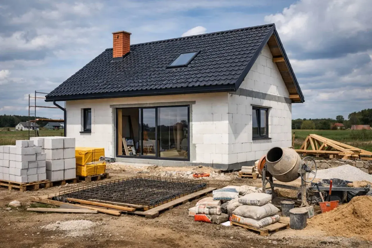 Budowa domu w toku: beton, pustaki, cement i zbrojenie. Zastanawiasz się, ile kosztuje budowa domu?
