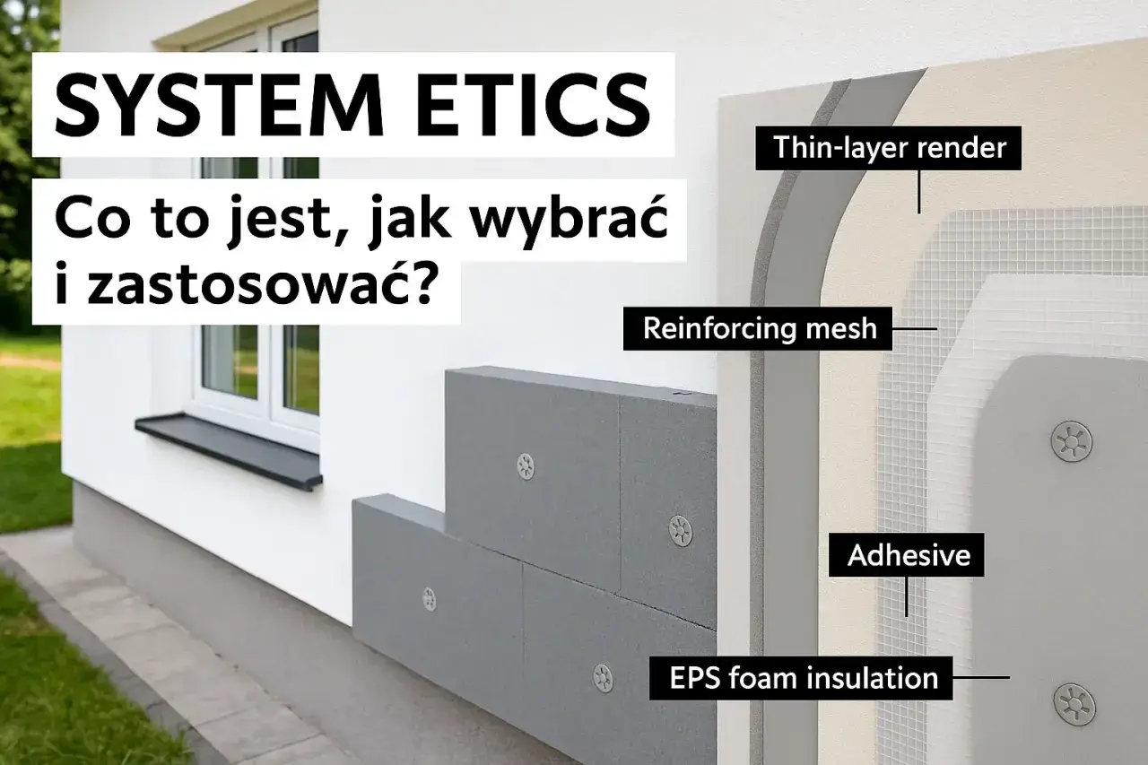 System ETICS: warstwy izolacji ze styropianu EPS, siatki zbrojącej i tynku.