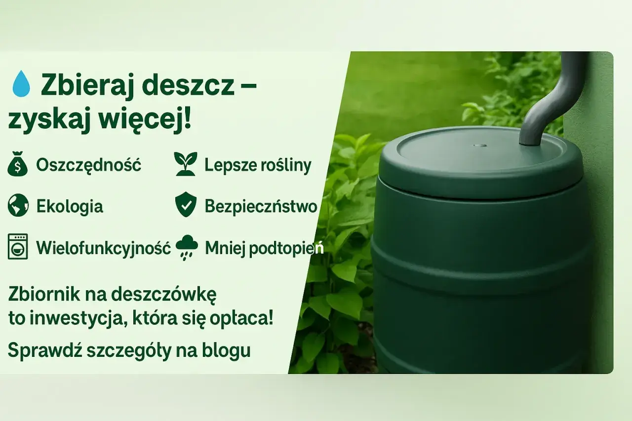 Zielony zbiornik na deszczówkę, obok roślin. Tekst zachęca do zbierania deszczówki, podkreślając oszczędność, ekologię i lepsze rośliny.