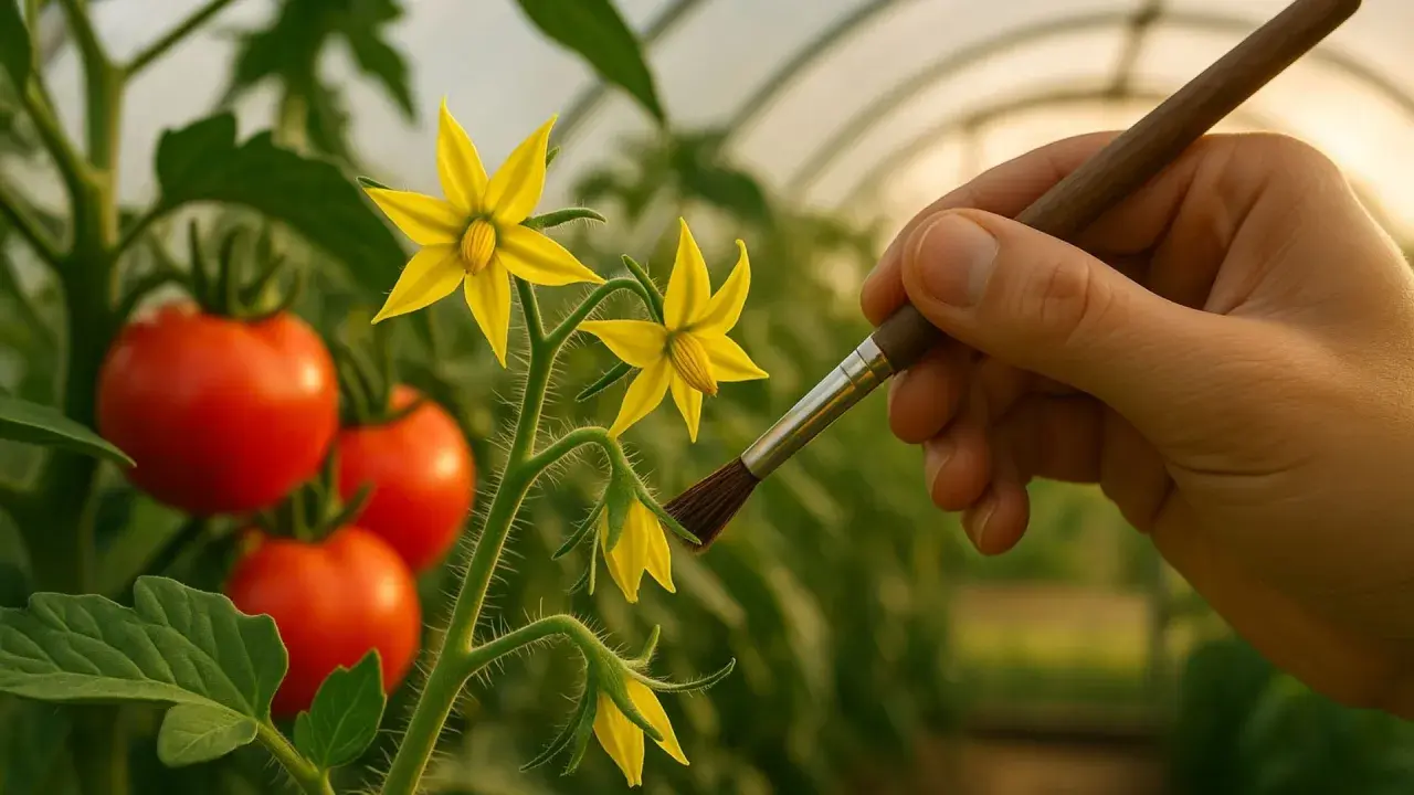 Ręka z pędzelkiem delikatnie dotyka kwiatów pomidora, naśladując naturalnego zapylacza.