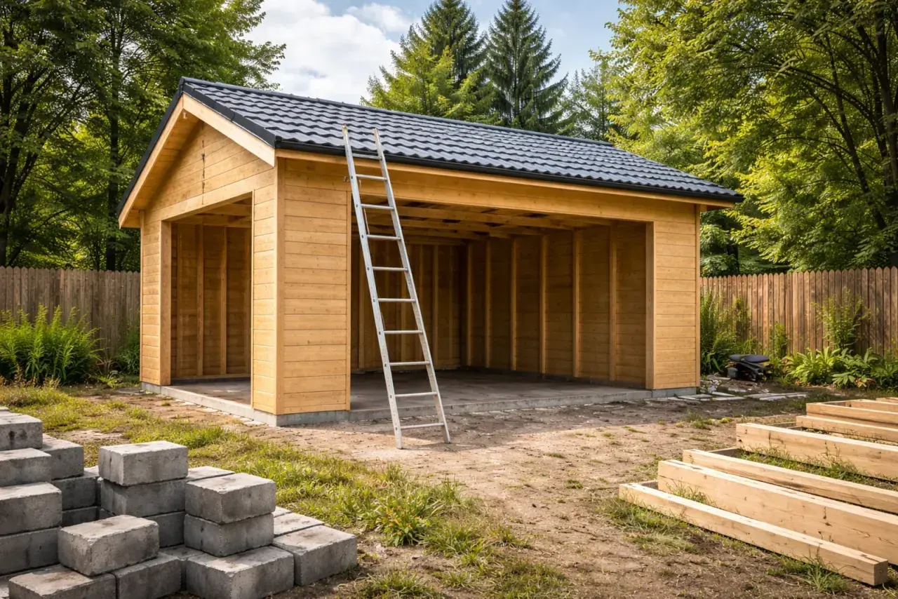 Drewniany garaż bez pozwolenia w budowie, z drabiną opartą o dach. Wokół materiały budowlane: betonowe pustaki i drewniane belki.
