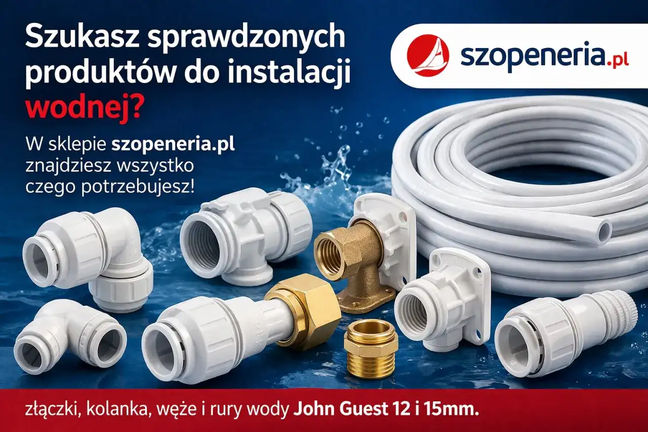 Złączki, kolanka i biały wąż wodny John Guest 12 i 15mm do instalacji wodnej.