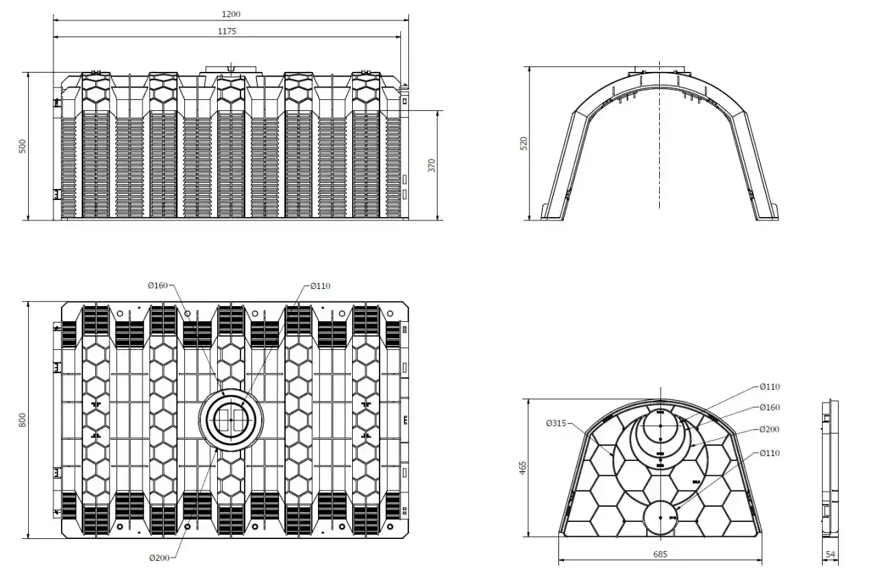 Rysunek techniczny przedstawia modułowy tunel rozsączający o wymiarach 1200x800x500 mm, z otworami o średnicach 110, 160, 200 i 315 mm.