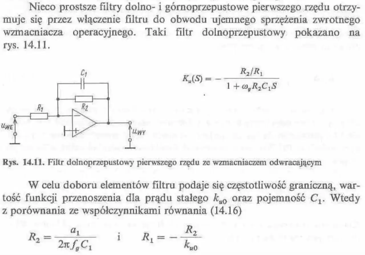 Schemat filtru dolnoprzepustowego z wzmacniaczem operacyjnym. Wzór na częstotliwość graniczną i funkcję przenoszenia.