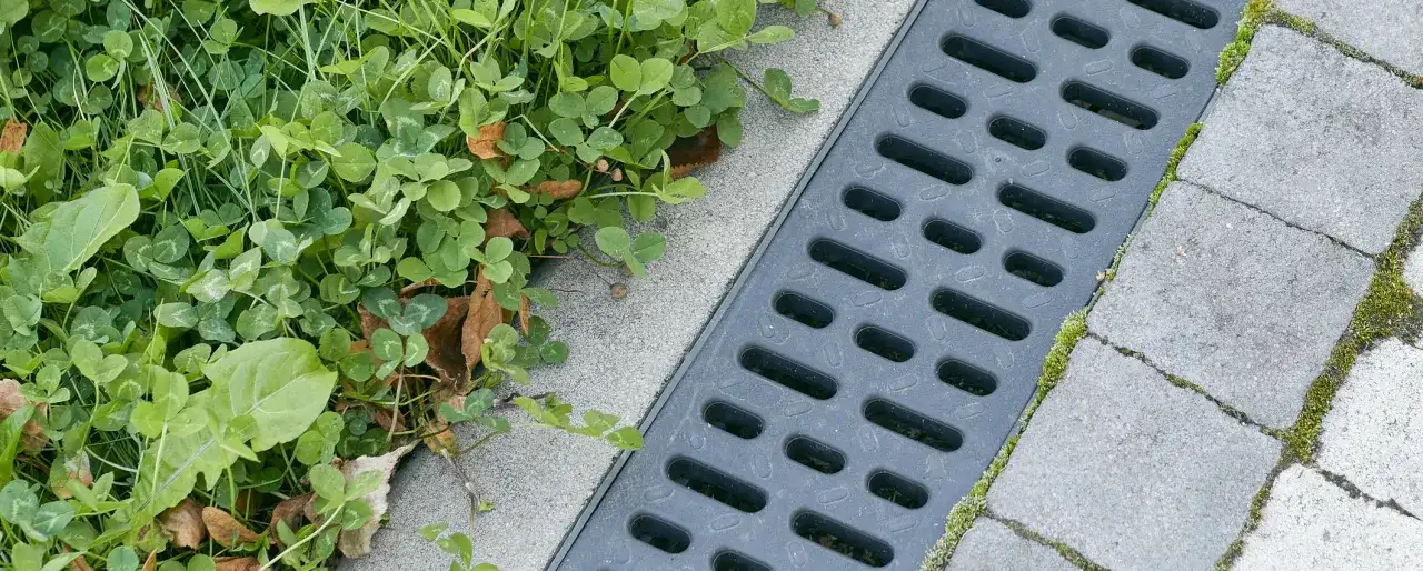 Szary wpust kanalizacyjny obok zielonej trawy i betonowych płyt.