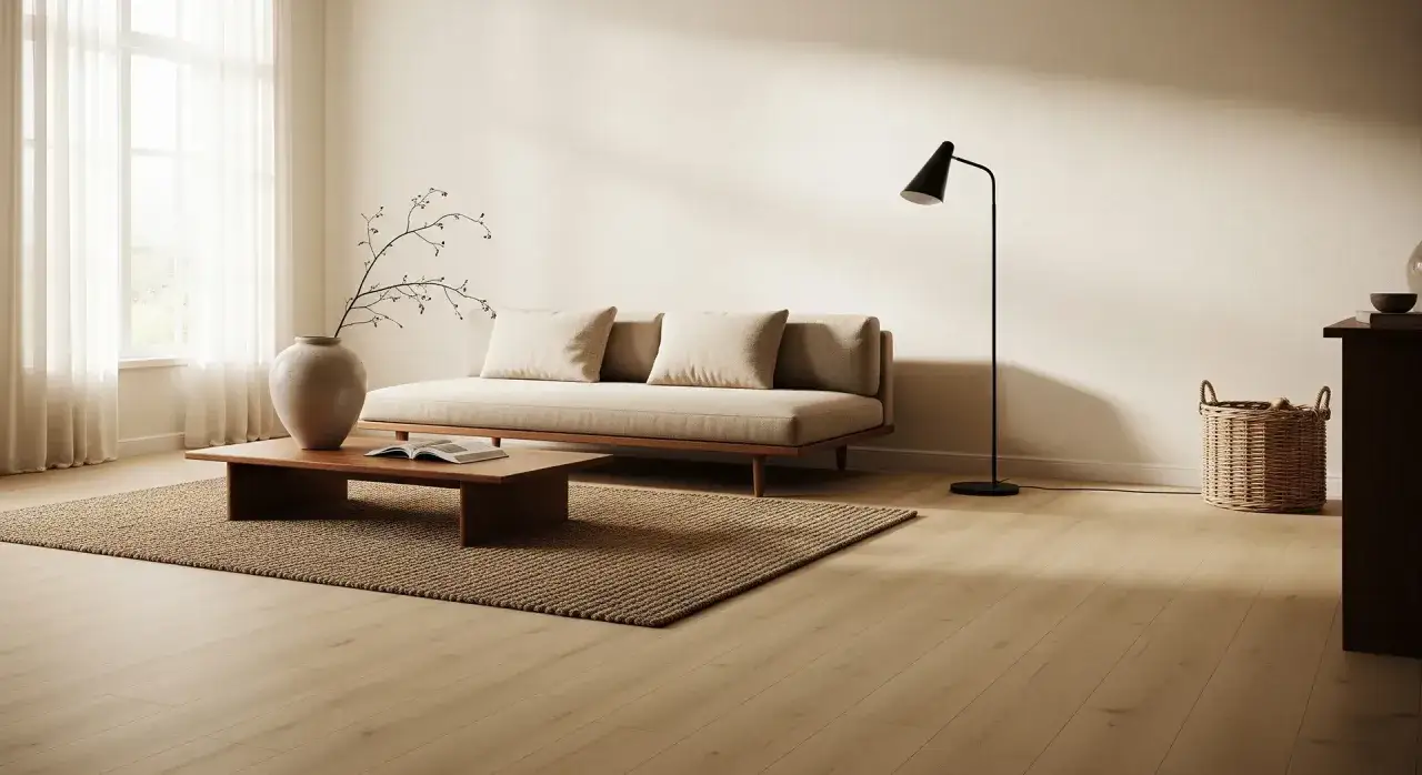 Salon w stylu japandi: beżowa sofa, drewniany stolik z książką i wazonem, dywanik, lampa podłogowa i wiklinowy kosz.