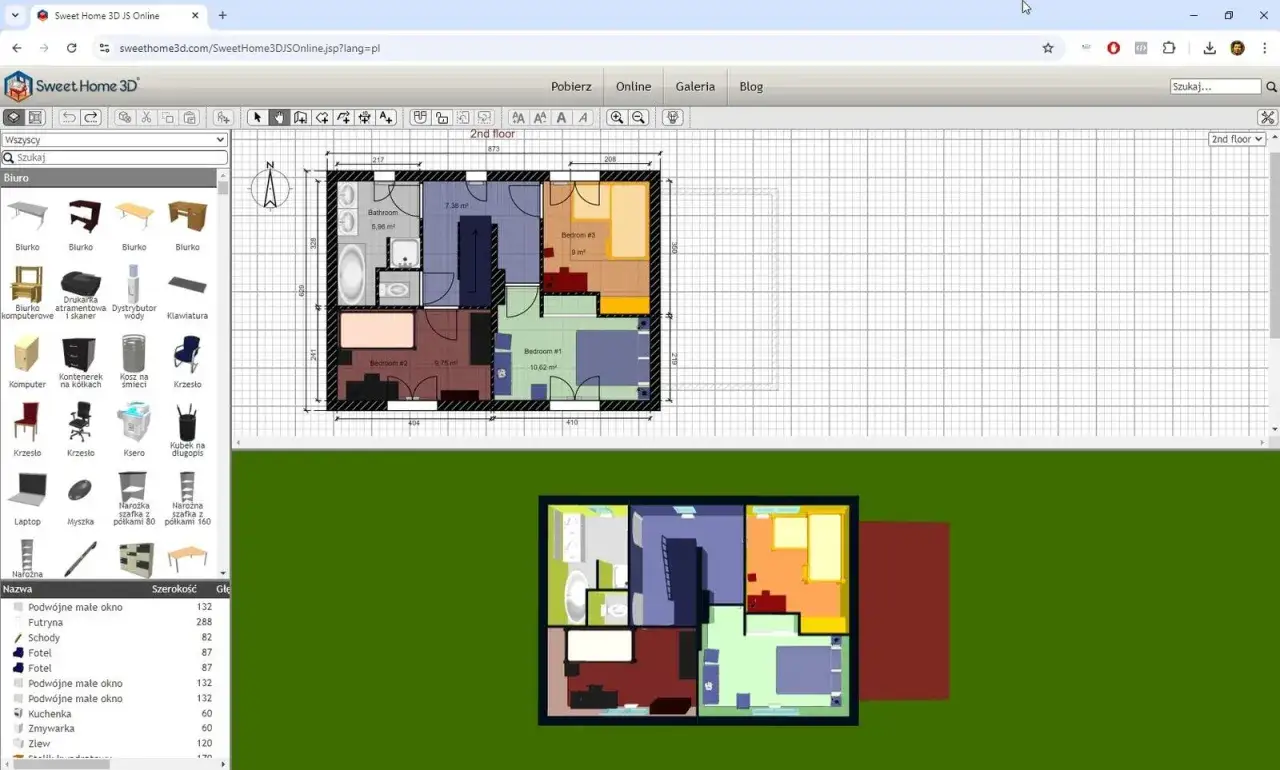 Program do projektowania wnętrz Sweet Home 3D pozwala na tworzenie wizualizacji mieszkań. Widoczny jest plan piętra z meblami i wymiarami.
