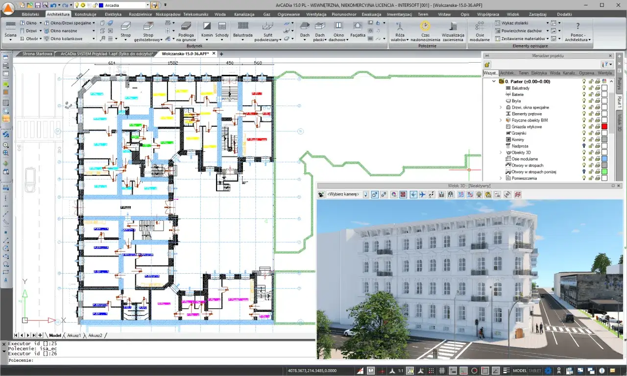 Projekt budynku mieszkalnego w programie CAD. Widok planu piętra z elementami architektonicznymi i instalacyjnymi, obok wizualizacja 3D fasady.