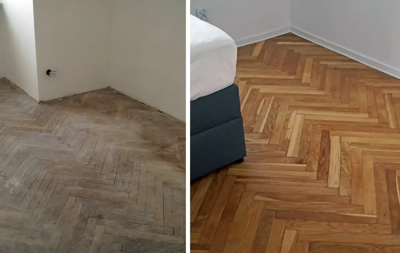 Przed i po cyklinowaniu parkietu. Zobacz, ile kosztuje cyklinowanie parkietu i jak odmieniło to wnętrze.