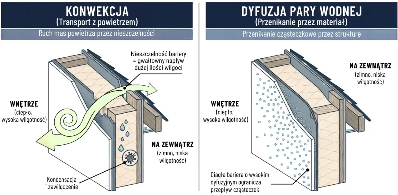 Ilustracja porównuje konwekcję i dyfuzję pary wodnej w kontekście ocieplenia dachu. Konwekcja pokazuje ruch powietrza przez nieszczelności, prowadzący do kondensacji i zawilgocenia. Dyfuzja ilustruje przenikanie pary przez materiał, ograniczone przez b...
